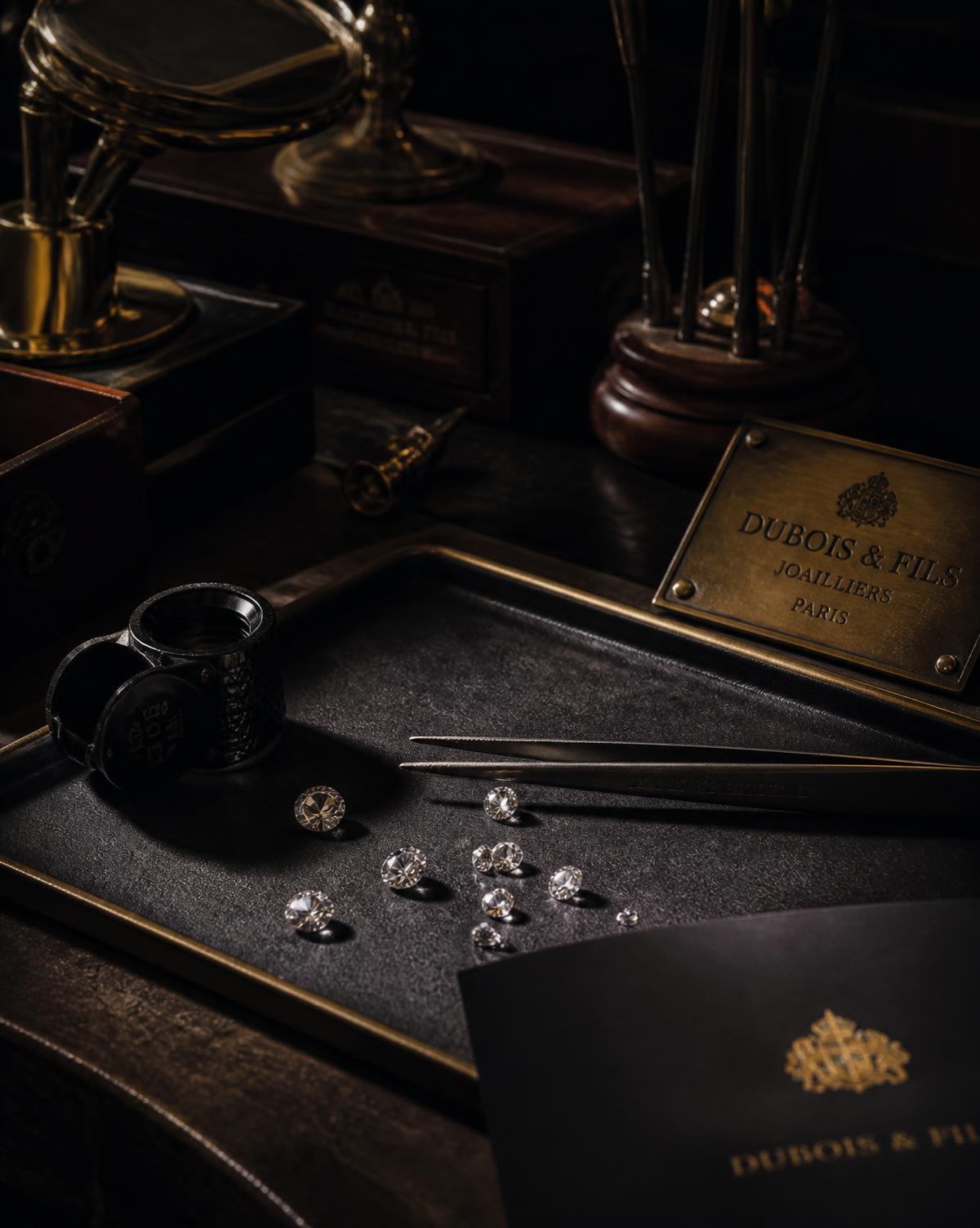 Jeweler's bench with loupe, tweezers and loose diamonds
