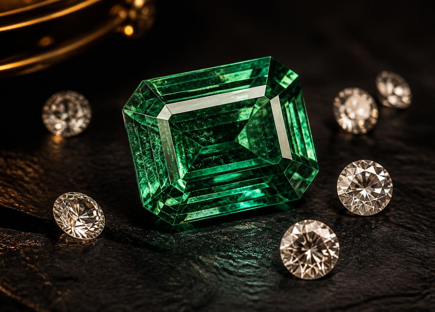 Emerald-cut emerald surrounded by loose diamonds on slate