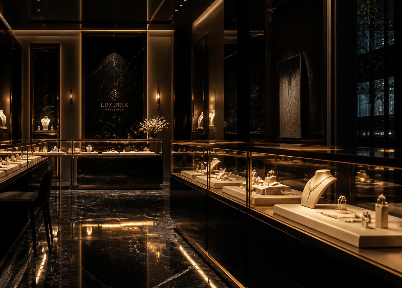 Luxury jewelry boutique interior at night
